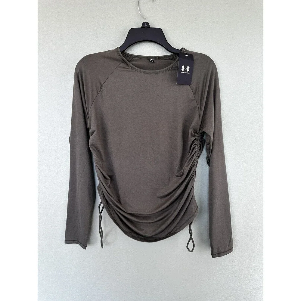 Under Armour Shirt Top Sz S Rouched Gym Workout Side Tie Running Athletic Green‍ - Picture 2 of 8